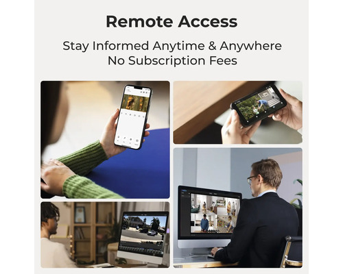 Fernzugriff auf Sicherheitskamera-Aufnahmen über Smartphone und Monitor ohne Abonnementgebühren für Innen- und Außenbereiche.