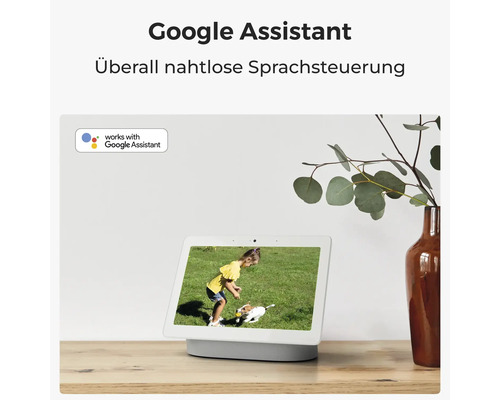 Google Nest Hub Smart Display kompatibel mit Google Assistant für nahtlose Sprachsteuerung auf einem Regal.