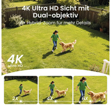 Gartenansicht in 4K Ultra HD mit Dual-Objektiv und 6-fachem Hybrid-Zoom zur Demonstration der Detailgenauigkeit beim Heranzoomen.