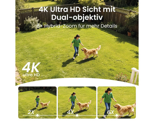 Gartenansicht in 4K Ultra HD mit Dual-Objektiv und 6-fachem Hybrid-Zoom zur Demonstration der Detailgenauigkeit beim Heranzoomen.