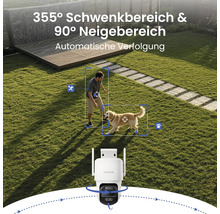 Reolink Überwachungskamera im Garten mit 355 Grad Schwenkbereich, 90 Grad Neigebereich und automatischer Verfolgung von Mensch und Tier.