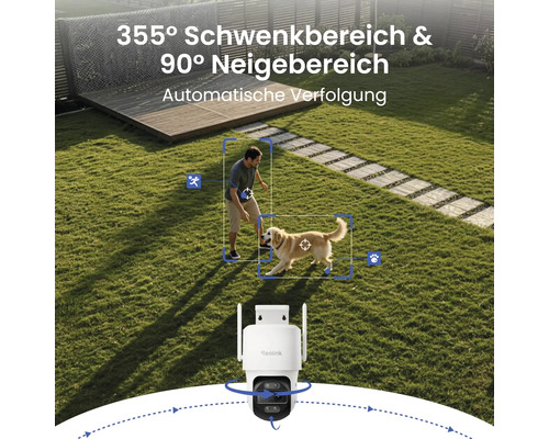 Reolink Überwachungskamera im Garten mit 355 Grad Schwenkbereich, 90 Grad Neigebereich und automatischer Verfolgung von Mensch und Tier.