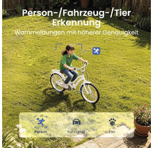 Kind auf weißem Fahrrad im Garten, Symbole für Personenerkennung, Fahrzeugerkennung und Tiererkennung einer Überwachungskamera.