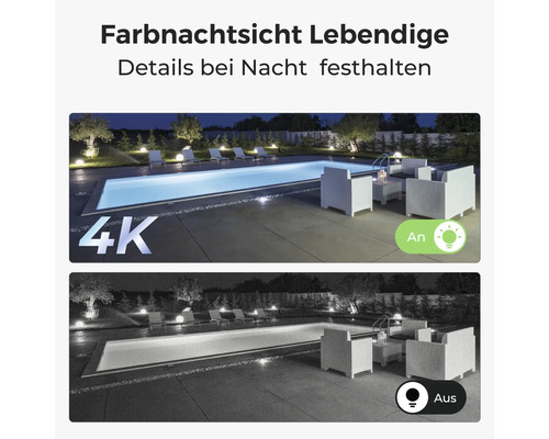 Überwachungskamera Vergleich der Nachtsicht: Farbnachtsicht in 4K Auflösung gegen Standard Nachtsicht bei einem Gartenpool mit Sitzbereich.