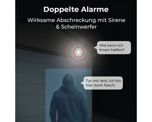 Sicherheitskamera mit Doppeltalarm durch Sirene und Scheinwerfer, Personenerkennung bei Nacht und Gegensprechfunktion vor einem Garagentor.