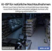 Nachtsichtvergleich in einem Geschäft mit und ohne künstliche Intelligenz Bildsignalverarbeitung für hellere und detailreichere Aufnahmen.