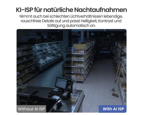 Nachtsichtvergleich in einem Geschäft mit und ohne künstliche Intelligenz Bildsignalverarbeitung für hellere und detailreichere Aufnahmen.