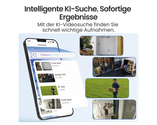 Smartphone-App mit Videosuche durch Künstliche Intelligenz zeigt Suchergebnisse für einen Paketzusteller mit verschiedenen Kameraperspektiven.