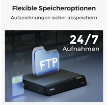 Reolink Netzwerk-Videorekorder mit Reolink Logo und Symbolen für Speicher wie FTP und MicroSD-Karte für Aufnahmen 24 Stunden an 7 Tagen.