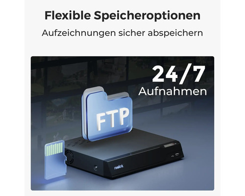 Reolink Netzwerk-Videorekorder mit Reolink Logo und Symbolen für Speicher wie FTP und MicroSD-Karte für Aufnahmen 24 Stunden an 7 Tagen.