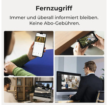 Fernzugriff auf Überwachungskameras über Smartphone, Laptop und Monitor ohne Abonnementgebühren.