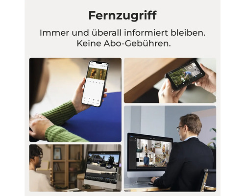 Fernzugriff auf Überwachungskameras über Smartphone, Laptop und Monitor ohne Abonnementgebühren.