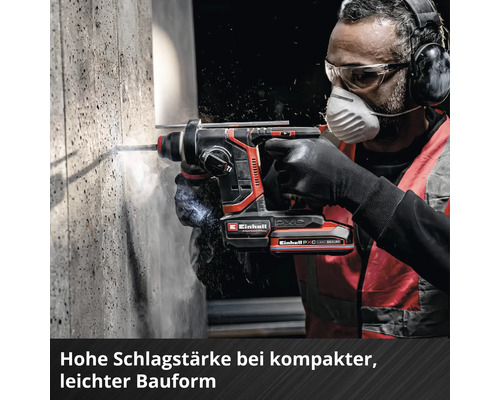 Eine Person verwendet einen Einhell Akku Bohrhammer an einer Betonwand und trägt dabei Schutzbrille, Atemschutzmaske, Gehörschutz und Handschuhe.