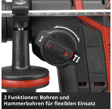 Nahaufnahme eines Bohrhammers mit Funktionswahlschalter für Bohren und Hammerbohren, Tiefenanschlag und Zusatzhandgriff.