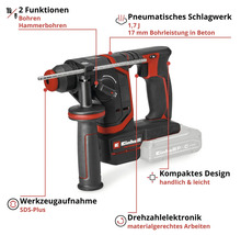Einhell Akku-Bohrhammer mit SDS-Plus Aufnahme, pneumatischem Schlagwerk, zwei Funktionen und kompaktem Design.