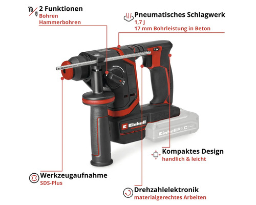 Einhell Akku-Bohrhammer mit SDS-Plus Aufnahme, pneumatischem Schlagwerk, zwei Funktionen und kompaktem Design.