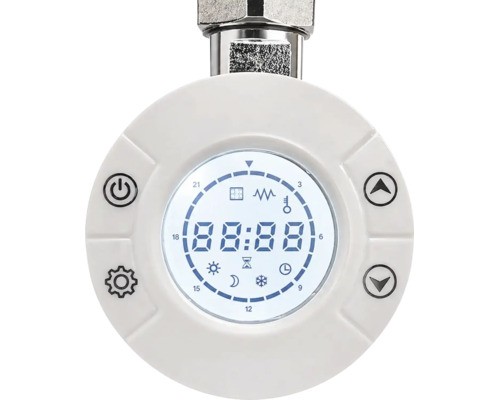 Digitales Heizkörperthermostat mit Digitalanzeige und Tasten zur Steuerung von Temperatur und Heizmodus.