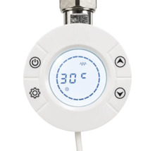 Rundes digitales Thermostat für Heizkörper mit Displayanzeige 30 Grad Celsius und vier Bedientasten.