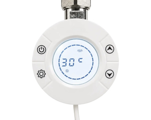 Rundes digitales Thermostat für Heizkörper mit Displayanzeige 30 Grad Celsius und vier Bedientasten.
