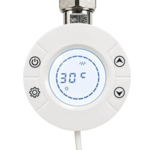 Digitales Thermostat mit rundem Display, Anzeige von 30 Grad Celsius, Ein-Aus-Taste, Einstellungstaste und Pfeiltasten.