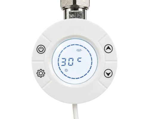 Digitales Thermostat mit rundem Display, Anzeige von 30 Grad Celsius, Ein-Aus-Taste, Einstellungstaste und Pfeiltasten.