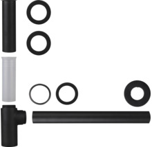 Siphon-Set für Waschtische in Schwarz mit Ablaufrohren, Dichtungen und Wandrosette aus Kunststoff.