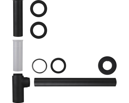 Siphon-Set für Waschtische in Schwarz mit Ablaufrohren, Dichtungen und Wandrosette aus Kunststoff.