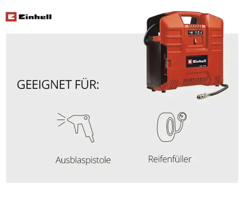 Einhell Kompressor geeignet für Ausblaspistole und Reifenfüller. Einhell Logo.