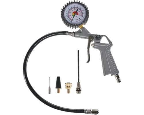 Graues Reifenfüllmessgerät aus Metall mit Manometer, schwarzem Schlauch und vier verschiedenen Adaptern.