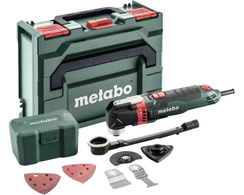 Metabo Multitool-Set mit Werkzeugkoffer, Zubehörbox, Schleifblättern, Sägeblättern und Absaugvorrichtung.