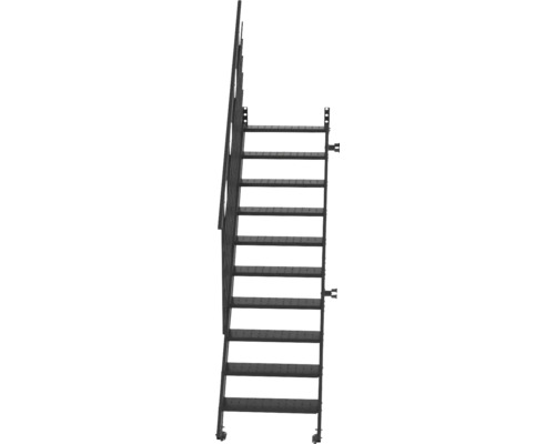 Schwarze Metalltreppe für den Außenbereich mit Geländer und profilierten Stufen.