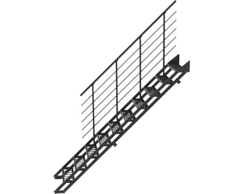 Stahltreppe mit Gitterroststufen und einseitigem Geländer mit mehreren Querstäben.