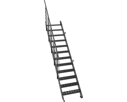 Metalltreppe mit Gitterroststufen und Geländer mit Querstäben.