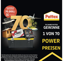 Pattex Logo, 70 Jahre Pattex Gewinnspiel mit Preisen im Gesamtwert von 70.000 Euro, darunter Gasgrill, Gartenhaus und Werkzeugkoffer.