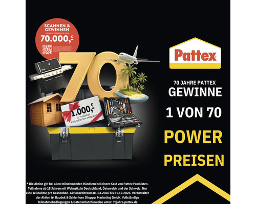 Pattex Logo, 70 Jahre Pattex Gewinnspiel mit Preisen im Gesamtwert von 70.000 Euro, darunter Gasgrill, Gartenhaus und Werkzeugkoffer.