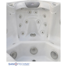 Innenansicht eines Whirlpools mit Massagedüsen, einer Kopfstütze und Ansauggittern. Sanotechnik Logo.