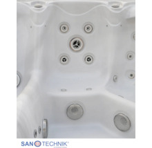 Innenansicht eines Whirlpools mit Massagedüsen und Ansauggittern. Sanotechnik International Logo.