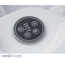 Sanotechnik Bedienfeld für Whirlpools mit FM-Radio, Bluetooth-Verbindung sowie Lautstärke- und Sendereinstellung. Sanotechnik Logo.