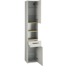 Hochschrank für das Badezimmer mit zwei Türen, einer Schublade, Glaseinlegeböden und Regalböden in Holzoptik.