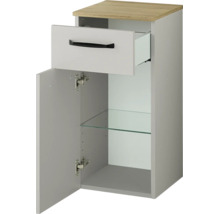 Badezimmerunterschrank mit einer Lade und einer Tür, inklusive Glaseinlegeboden und oberer Platte in Holzoptik.