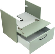 Waschtischunterschrank mit Siphonausschnitt, einer Lade mit schwarzem Griff und einem Klappfach oben.