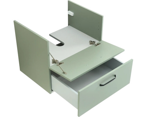 Waschtischunterschrank mit Siphonausschnitt, einer Lade mit schwarzem Griff und einem Klappfach oben.