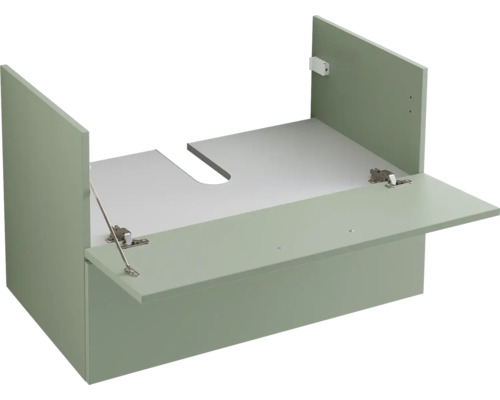 Waschbeckenunterschrank mit Siphonausschnitt und geöffneter Klappe, wandhängend.