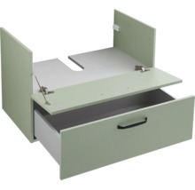Waschtischunterschrank in Salbeigrün mit einer Lade, Siphonausschnitt und schwarzem Griff.