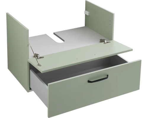 Waschtischunterschrank in Salbeigrün mit einer Lade, Siphonausschnitt und schwarzem Griff.