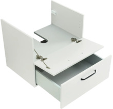 Waschbeckenunterschrank mit einer Lade, einer Klappe und Siphonausschnitt.