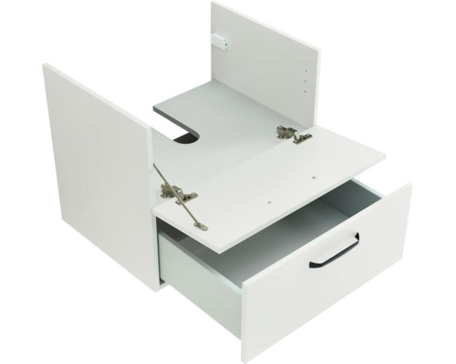 Waschbeckenunterschrank mit einer Lade, einer Klappe und Siphonausschnitt.
