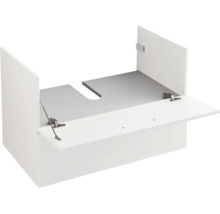 Weißer Waschbeckenunterschrank mit geöffneter Klappe und Siphonausschnitt.