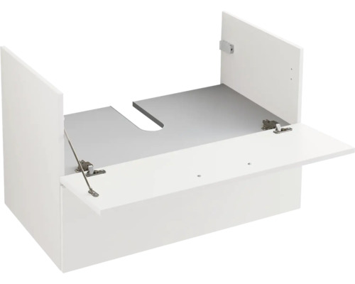 Weißer Waschbeckenunterschrank mit geöffneter Klappe und Siphonausschnitt.
