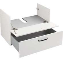 Weißer Waschbeckenunterschrank mit einer Schublade, schwarzem Griff und Siphonausschnitt, geöffnet.